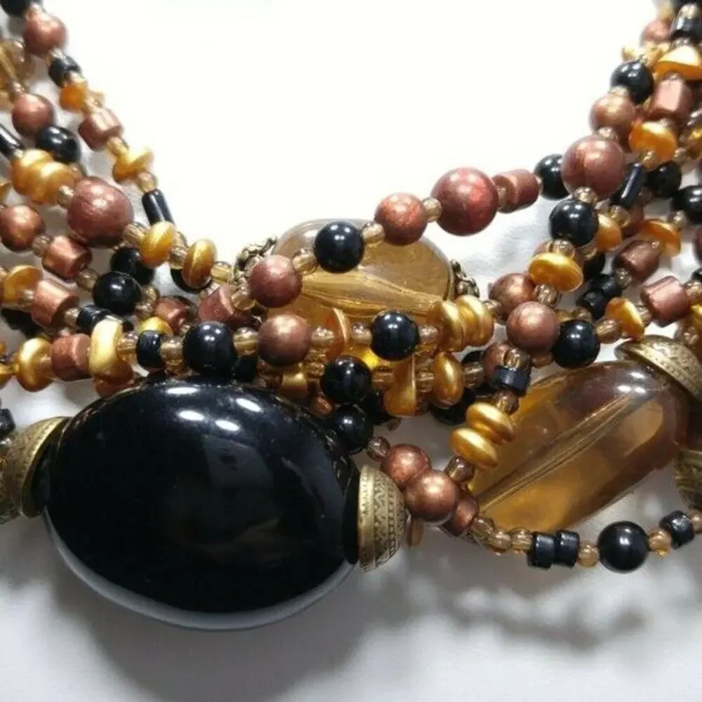 Chico's Lucite Multi-Strand Beaded Necklace, 9 Strand, Brown Black Gold, 20 Inch
